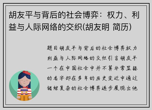 胡友平与背后的社会博弈：权力、利益与人际网络的交织(胡友明 简历)