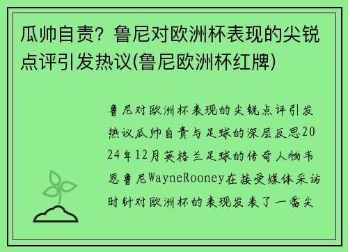 瓜帅自责？鲁尼对欧洲杯表现的尖锐点评引发热议(鲁尼欧洲杯红牌)