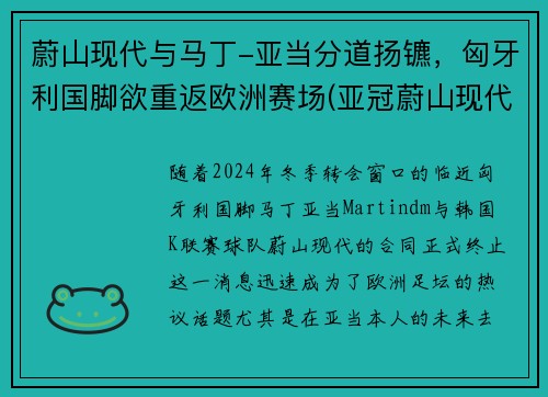 蔚山现代与马丁-亚当分道扬镳，匈牙利国脚欲重返欧洲赛场(亚冠蔚山现代为什么中断)