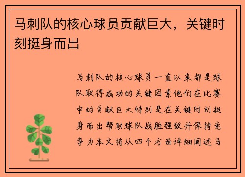 马刺队的核心球员贡献巨大，关键时刻挺身而出