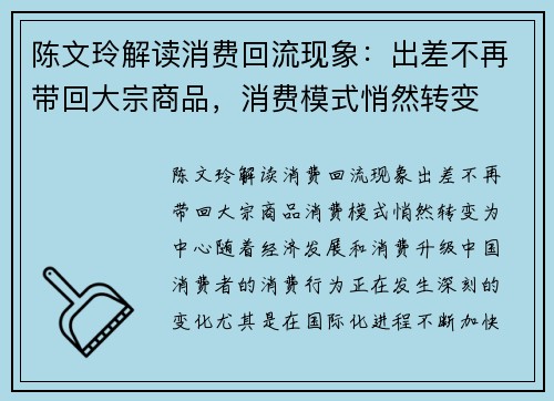 陈文玲解读消费回流现象：出差不再带回大宗商品，消费模式悄然转变