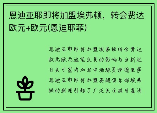 恩迪亚耶即将加盟埃弗顿，转会费达欧元+欧元(恩迪耶菲)