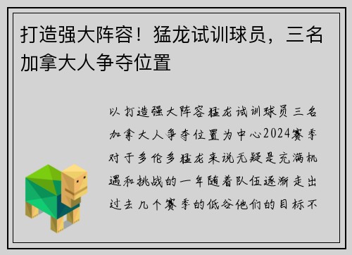 打造强大阵容！猛龙试训球员，三名加拿大人争夺位置