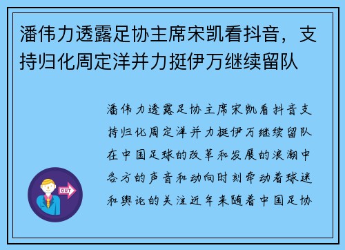 潘伟力透露足协主席宋凯看抖音，支持归化周定洋并力挺伊万继续留队